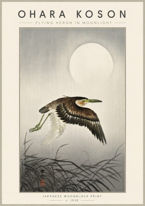 Ohara Koson Flying Heron in Moonlight No6 - Affiche