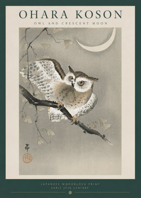 Ohara Koson Owl and Crescent Moon No6 - Affiche