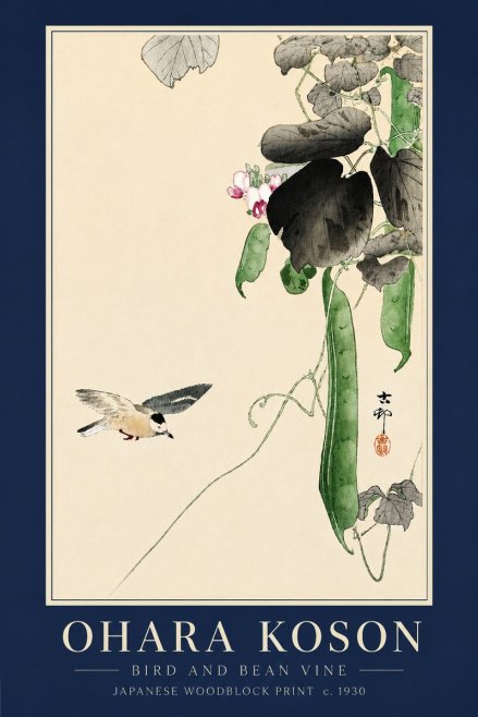 Ohara Koson Bird and Bean Vine No3 - Affiche