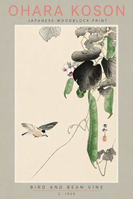 Ohara Koson Bird and Bean Vine No5 - Affiche