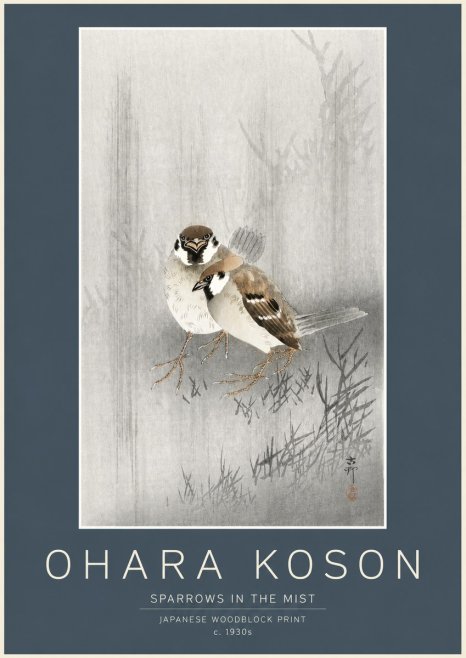 Ohara Koson Sparrows in the Mist No2 - Affiche