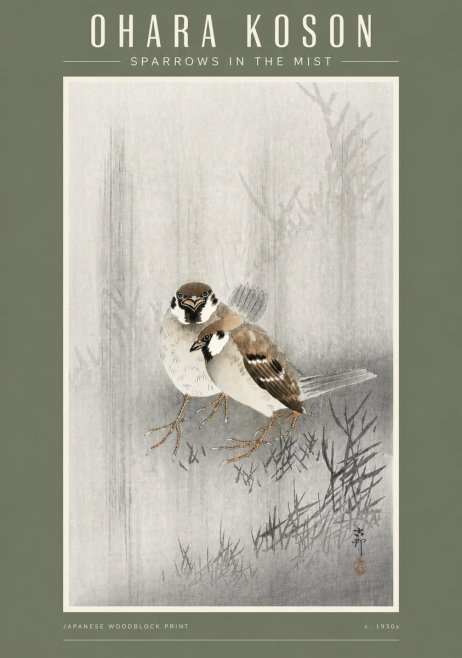 Ohara Koson Sparrows in the Mist No4 - Affiche