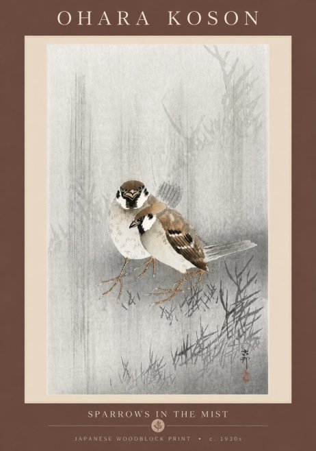 Ohara Koson Sparrows in the Mist No5 - Affiche