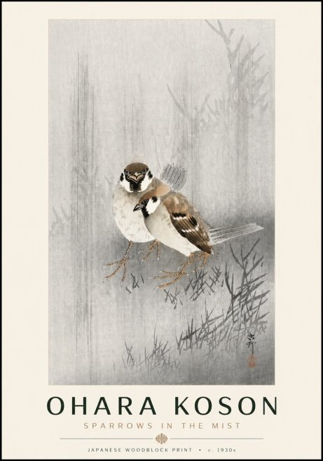 Ohara Koson Sparrows in the Mist No6 - Affiche