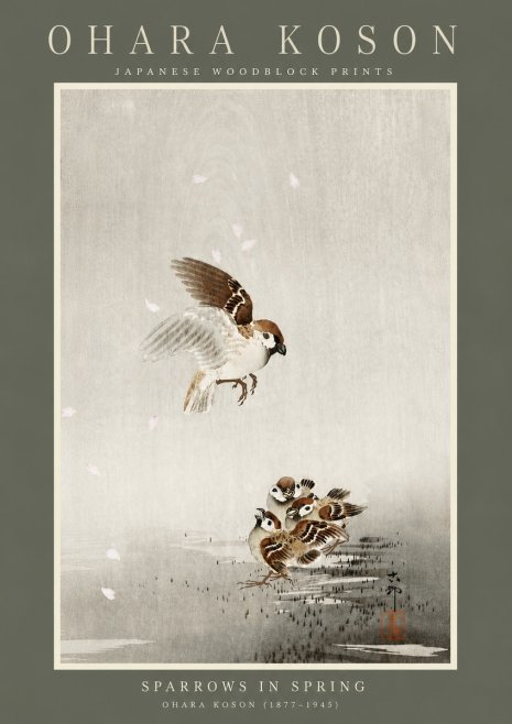 Ohara Koson Sparrows in Spring No4 - Affiche