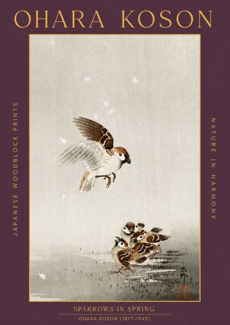 Ohara Koson Sparrows in Spring No5 - Affiche