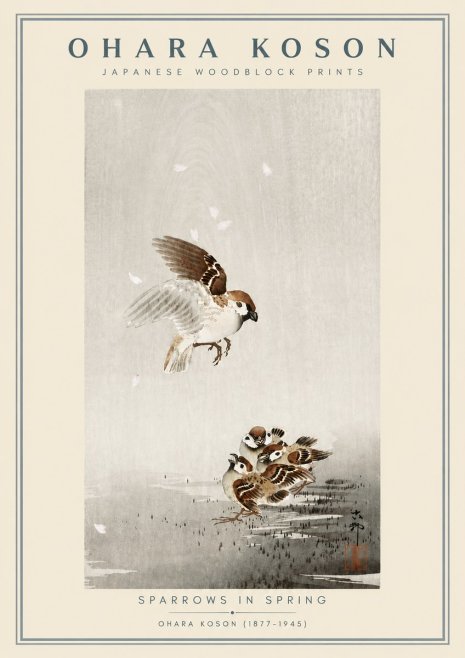 Ohara Koson Sparrows in Spring No6 - Affiche