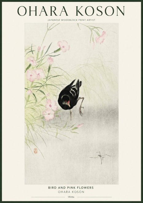 Ohara Koson Bird and Pink Flowers No1 - Affiche