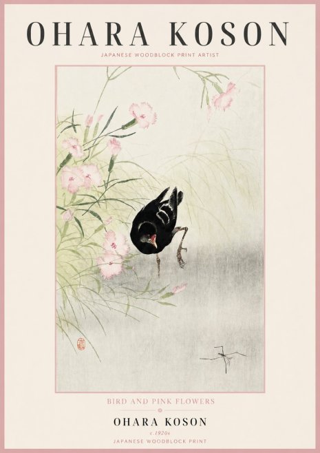 Ohara Koson Bird and Pink Flowers No2 - Affiche