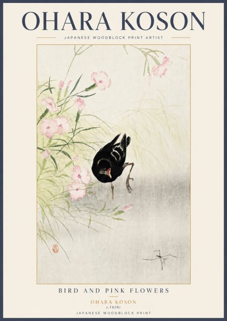 Ohara Koson Bird and Pink Flowers No3 - Affiche