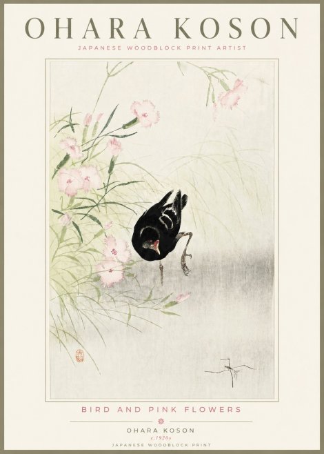 Ohara Koson Bird and Pink Flowers No4 - Affiche