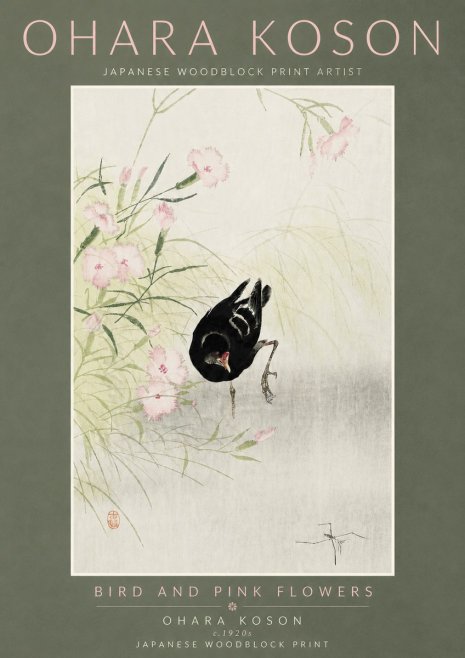 Ohara Koson Bird and Pink Flowers No5 - Affiche