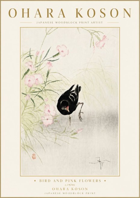 Ohara Koson Bird and Pink Flowers No6 - Affiche