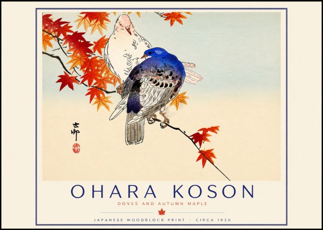 Ohara Koson Doves and Autumn Maple No2 - Affiche