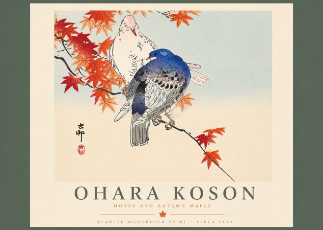Ohara Koson Doves and Autumn Maple No4 - Affiche