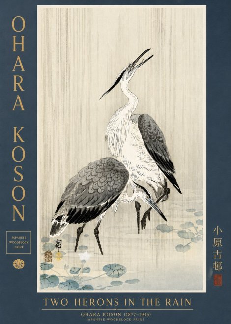 Ohara Koson Two Herons in the Rain No3 - Affiche