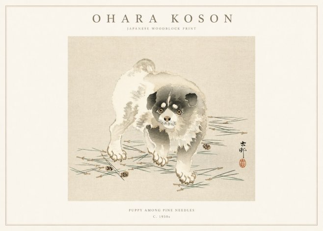 Ohara Koson Puppy Among Pine Needles No1 - Affiche