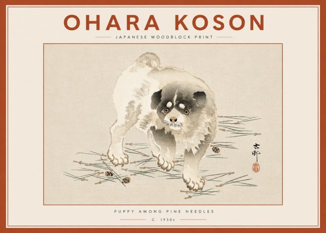 Ohara Koson Puppy Among Pine Needles No6 - Affiche