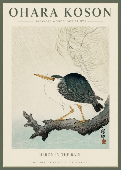 Ohara Koson Heron in the Rain No2 - Affiche