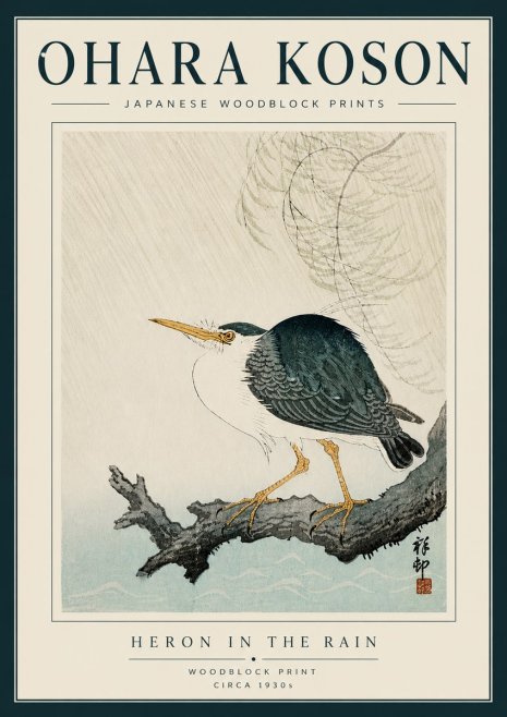 Ohara Koson Heron in the Rain No5 - Affiche