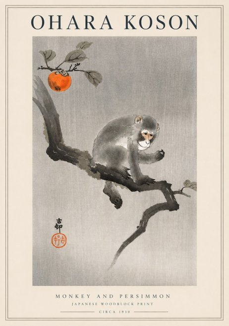Ohara Koson Monkey and Persimmon No3 - Affiche