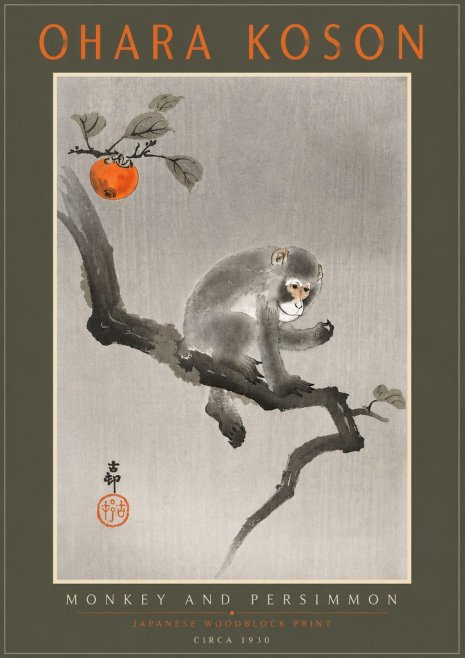 Ohara Koson Monkey and Persimmon No5 - Affiche