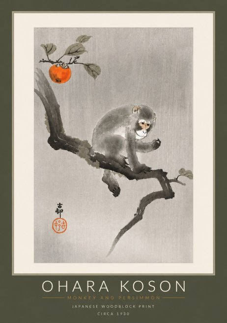 Ohara Koson Monkey and Persimmon No6 - Affiche