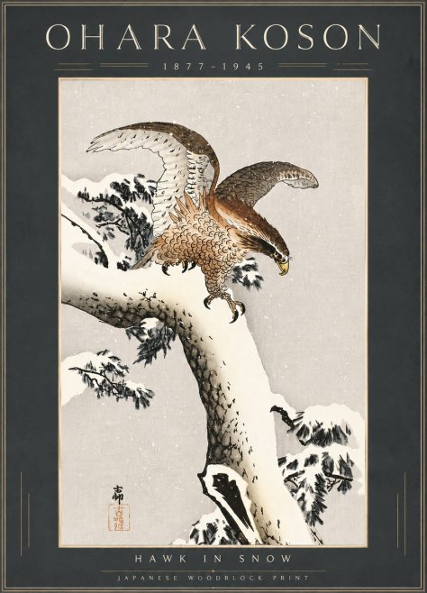 Ohara Koson Hawk in Snow No6 - Affiche
