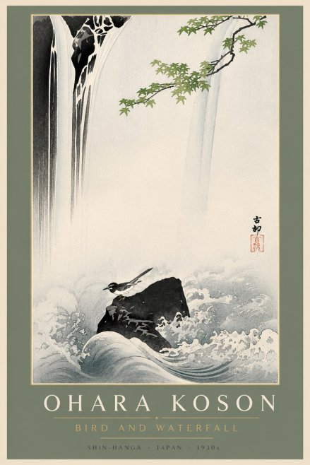 Ohara Koson Bird and Waterfall No2 - Affiche