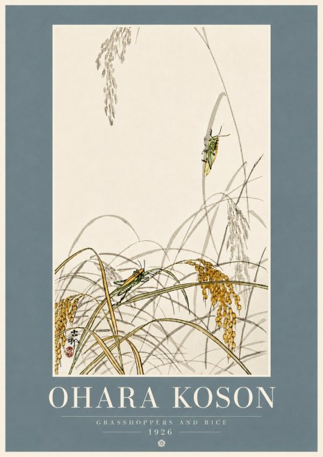 Ohara Koson Grasshoppers and Rice No5 - Affiche