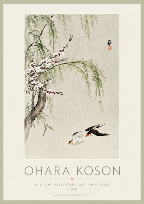 Ohara Koson Willow, Blossoms and Swallows No3 - Affiche