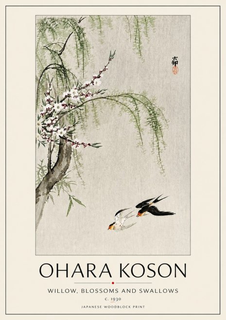 Ohara Koson Willow, Blossoms and Swallows No5 - Affiche