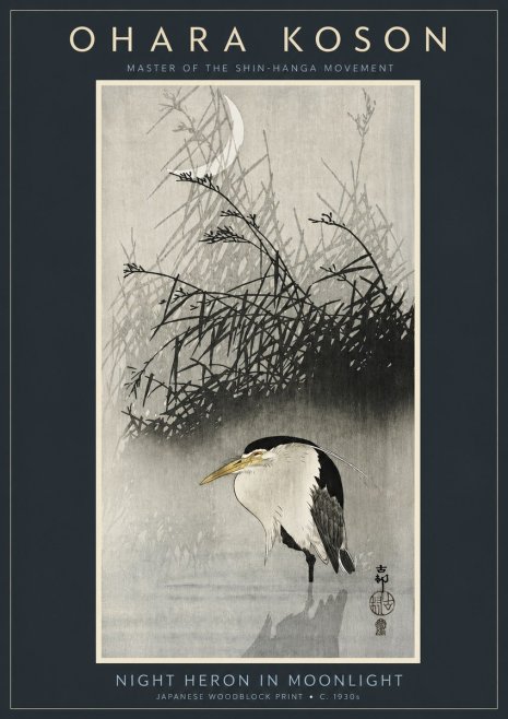 Ohara Koson Night Heron in Moonlight No2 - Affiche