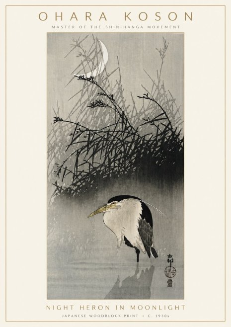 Ohara Koson Night Heron in Moonlight No3 - Affiche