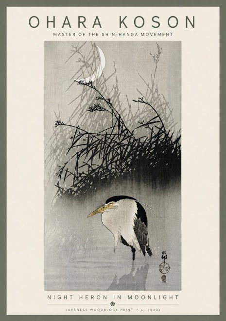 Ohara Koson Night Heron in Moonlight No6 - Affiche