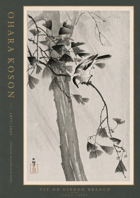 Ohara Koson Tit on Ginkgo Branch No4 - Affiche
