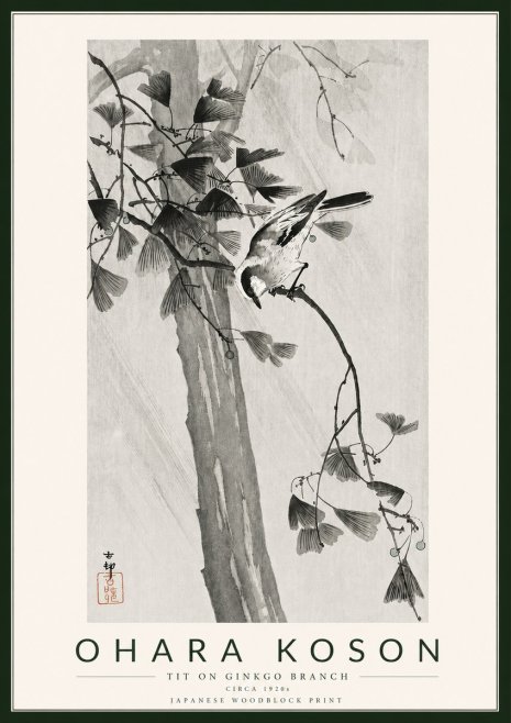 Ohara Koson Tit on Ginkgo Branch No5 - Affiche