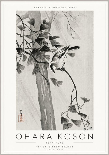 Ohara Koson Tit on Ginkgo Branch No6 - Affiche