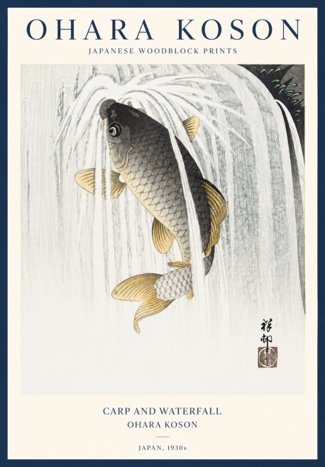 Ohara Koson Carp and Waterfall No1 - Affiche