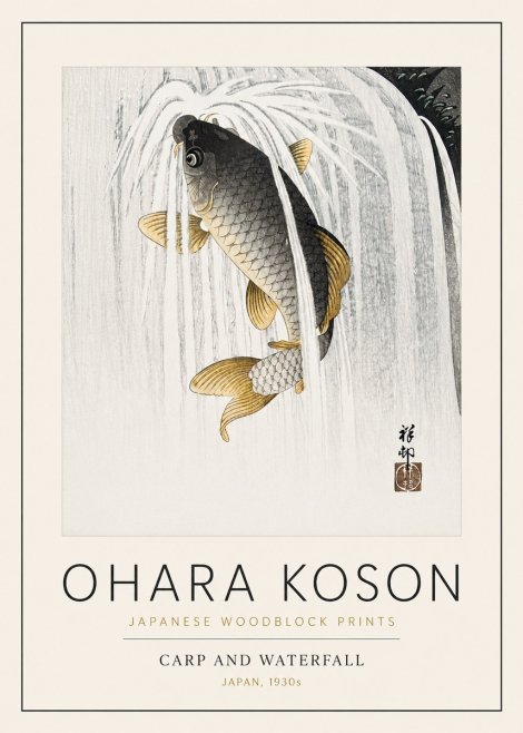 Ohara Koson Carp and Waterfall No3 - Affiche