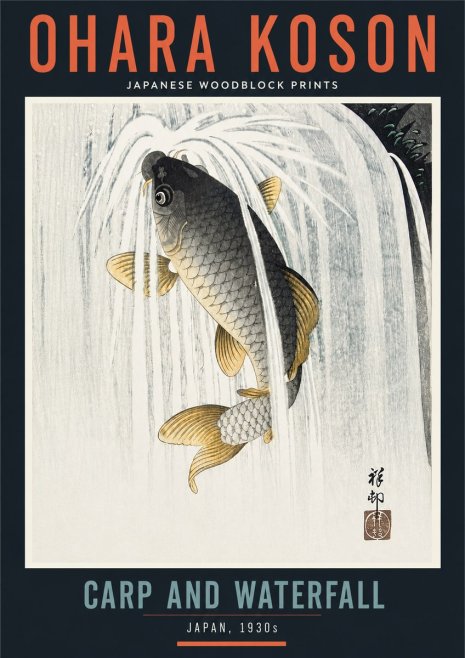 Ohara Koson Carp and Waterfall No4 - Affiche