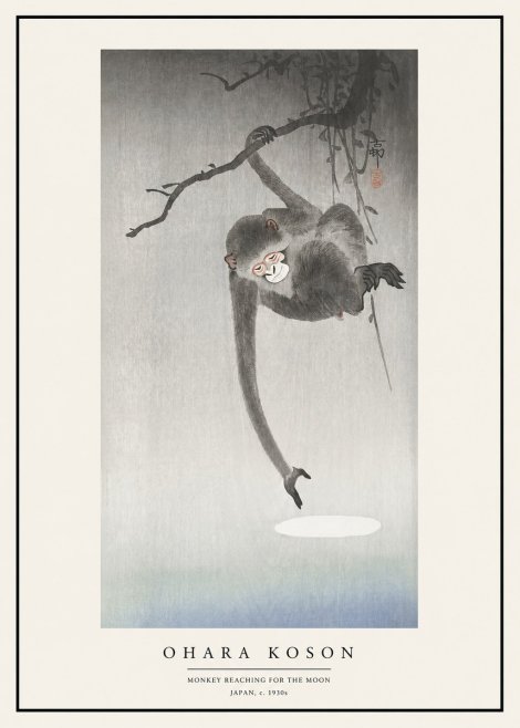Ohara Koson Monkey Reaching for the Moon No1 - Affiche