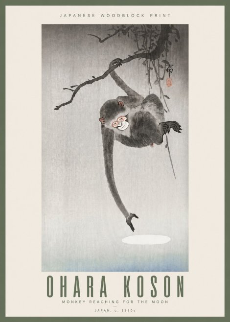 Ohara Koson Monkey Reaching for the Moon No3 - Affiche