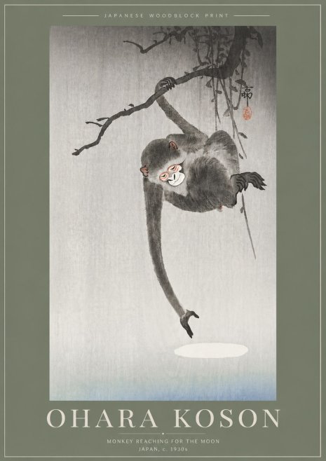 Ohara Koson Monkey Reaching for the Moon No5 - Affiche