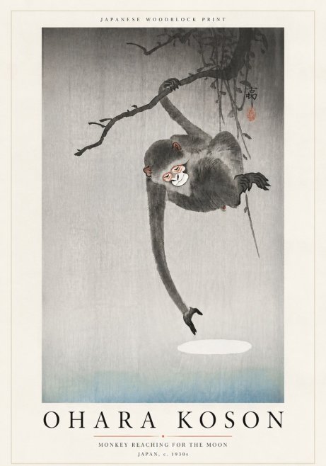 Ohara Koson Monkey Reaching for the Moon No6 - Affiche