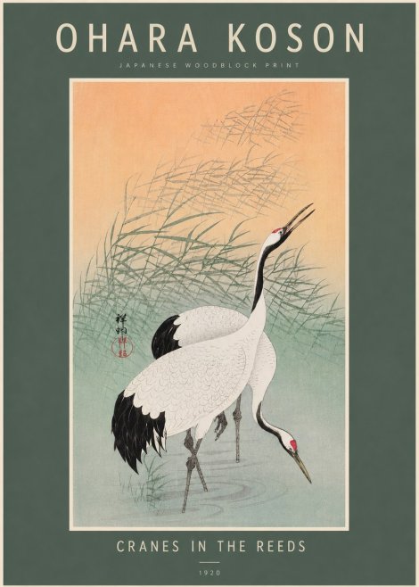 Ohara Koson Cranes in the Reeds No2 - Affiche