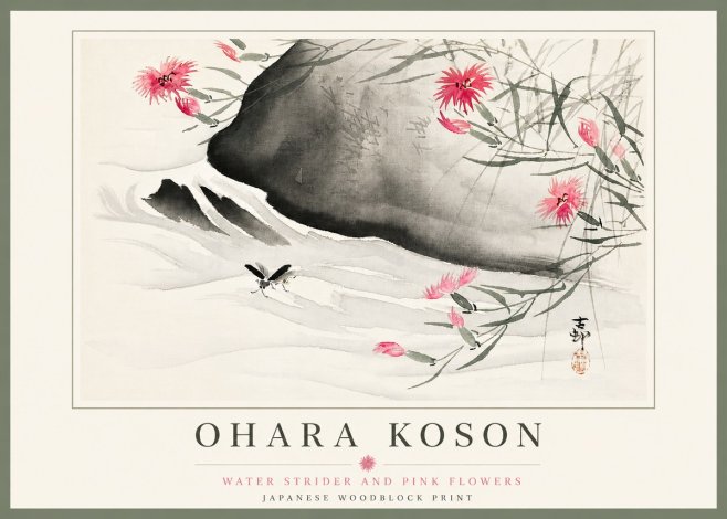 Ohara Koson Water Strider and Pink Flowers No5 - Affiche