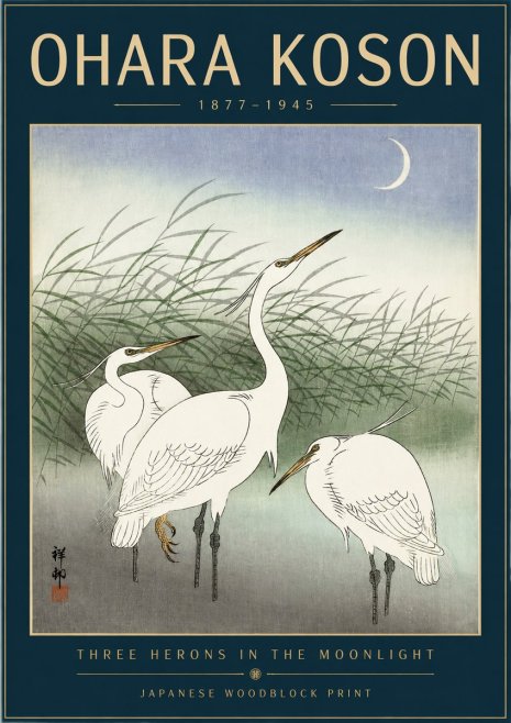 Ohara Koson Three Herons in the Moonlight No2 - Affiche