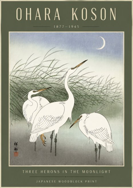Ohara Koson Three Herons in the Moonlight No4 - Affiche
