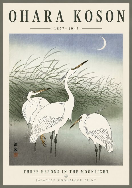 Ohara Koson Three Herons in the Moonlight No6 - Affiche